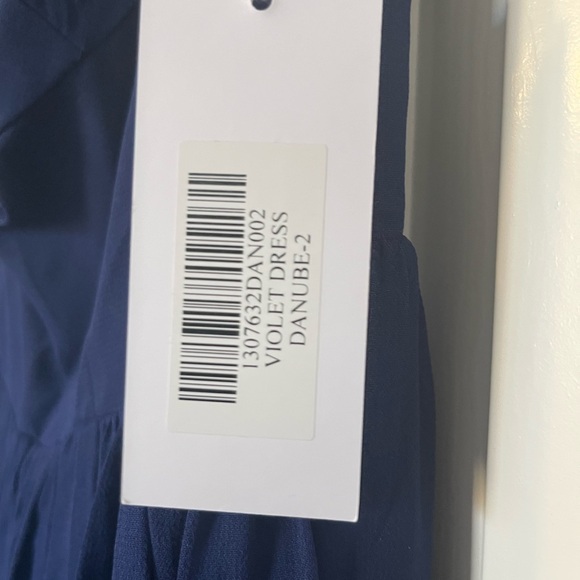 Reformation off-the-shoulder Violet Dress in navy blue. - Picture 3 of 4